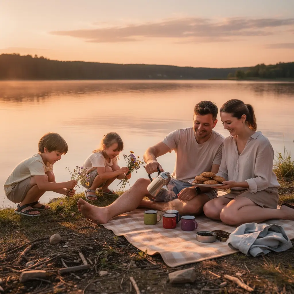 Žena si vychutnáva šálku čaju pri okne s výhľadom na hory