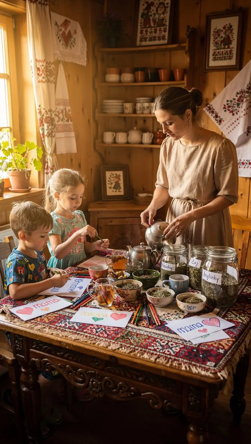 Pohár s bylinkovým čajom obklopený sušenými kvetmi a ovocím